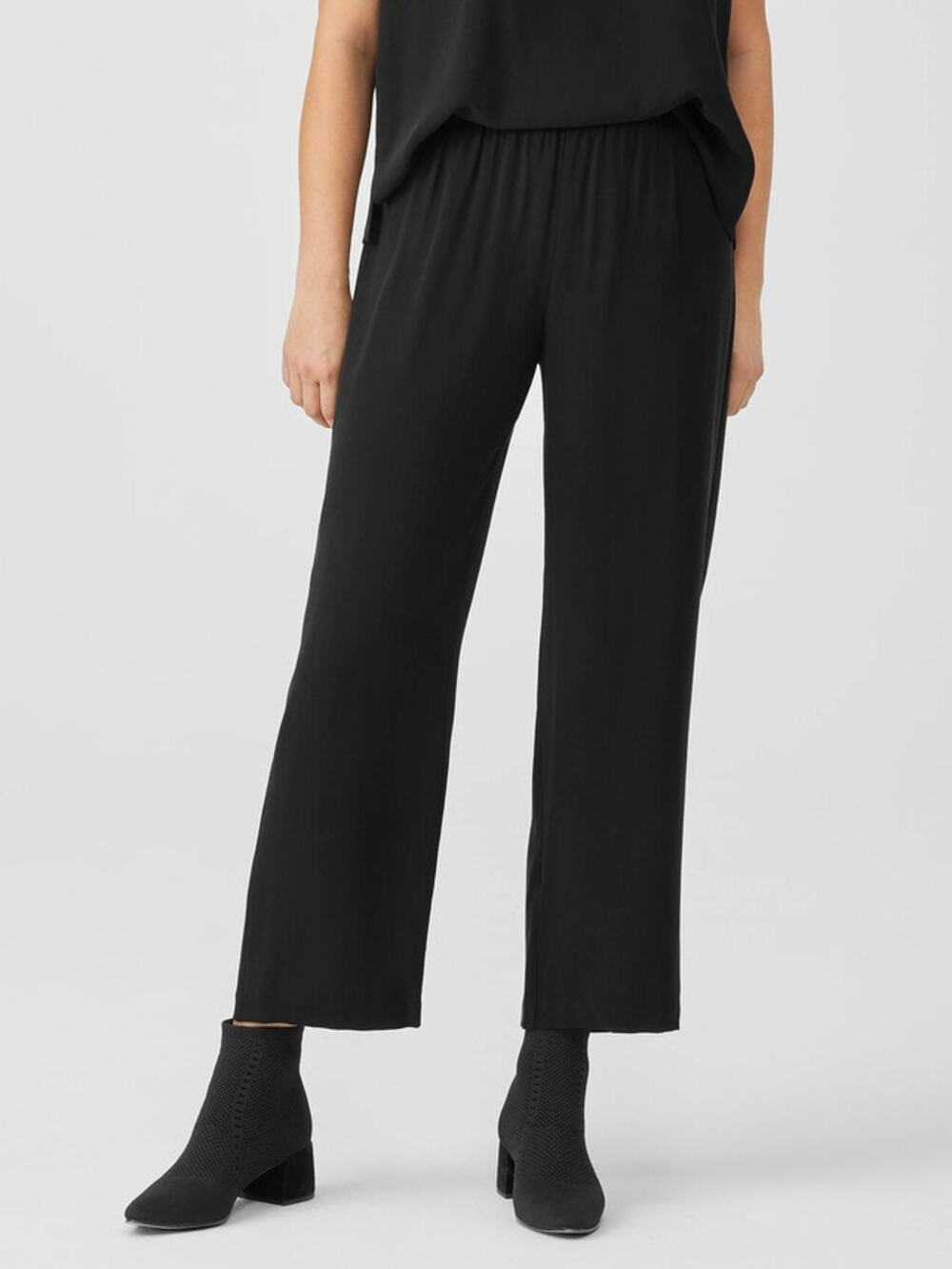 Eileen Fisher Black Silk Georgette Crepe Straight Cropped Pant BNWT